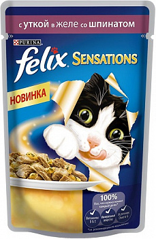 Корм для кошек с уткой в желе со шпинатом, Felix Sensations, 85 гр.