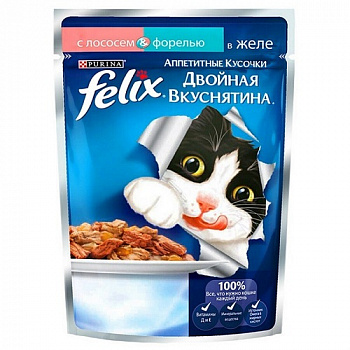 Корм для кошек с лососем и форелью в желе Двойная вкуснятина, Felix, 85 гр.